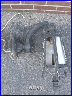 2 Antique Cast Iron & Slag Glass Gothic Architectural Wall Lamp Light Sconces