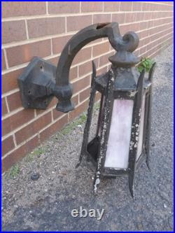 2 Antique Cast Iron & Slag Glass Gothic Architectural Wall Lamp Light Sconces