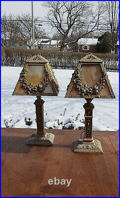 2 RARE Antique Art Deco Boudoir Cast Iron Slag Glass Table Lamps 16