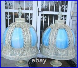 2 Shabby Vintage White Filigree Blue Stained Slag Glass Hollywood Regency Lamp