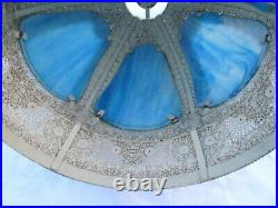 2 Shabby Vintage White Filigree Blue Stained Slag Glass Hollywood Regency Lamp