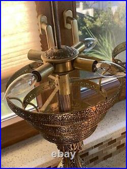 2 Vintage Brass Filigree Stained Ombre Slag Glass Hollywood Regency Lamp 40