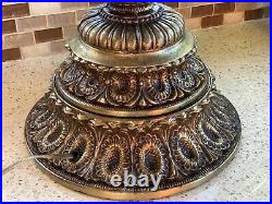 2 Vintage Brass Filigree Stained Ombre Slag Glass Hollywood Regency Lamp 40