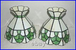 2 Vintage Green & White Slag Stained Glass Leaded Brass Table Lamps 16H
