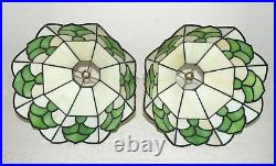 2 Vintage Green & White Slag Stained Glass Leaded Brass Table Lamps 16H