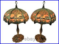 (2) Vintage Lamp Fashion Mfg. Co Nunziato Paletta Scenic Peach Slag Glass Lamps
