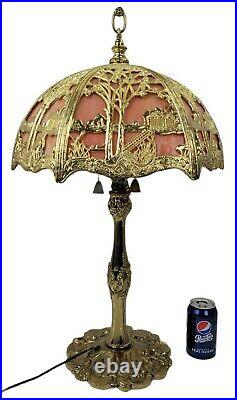 (2) Vintage Lamp Fashion Mfg. Co Nunziato Paletta Scenic Peach Slag Glass Lamps