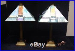 2 Vtg Dale Tiffany Mission Style Lamps Slag Glass Shade Accent Table Light Brass