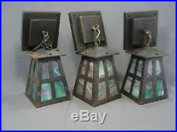 3 Antique Arts Crafts Mission Era Steel Lantern Lights Lamps Slag Glass Panels