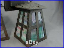 3 Antique Arts Crafts Mission Era Steel Lantern Lights Lamps Slag Glass Panels