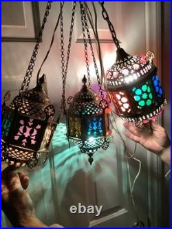 3 Vtg Ismet Shop Turkish Hanging Lamp Lantern Light Brass Slag Glass Colorful