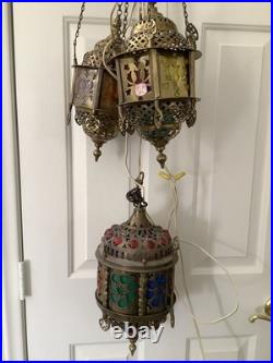 3 Vtg Ismet Shop Turkish Hanging Lamp Lantern Light Brass Slag Glass Colorful