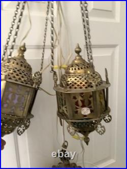 3 Vtg Ismet Shop Turkish Hanging Lamp Lantern Light Brass Slag Glass Colorful
