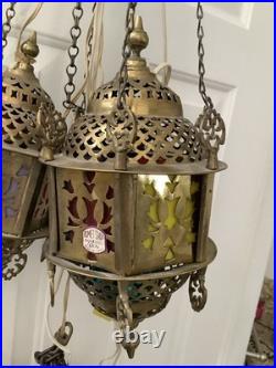 3 Vtg Ismet Shop Turkish Hanging Lamp Lantern Light Brass Slag Glass Colorful