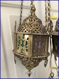 3 Vtg Ismet Shop Turkish Hanging Lamp Lantern Light Brass Slag Glass Colorful