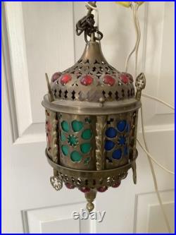 3 Vtg Ismet Shop Turkish Hanging Lamp Lantern Light Brass Slag Glass Colorful