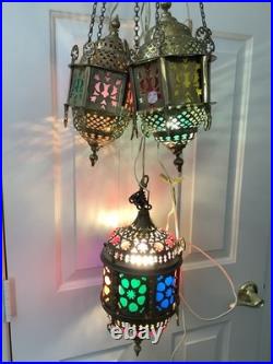 3 Vtg Ismet Shop Turkish Hanging Lamp Lantern Light Brass Slag Glass Colorful