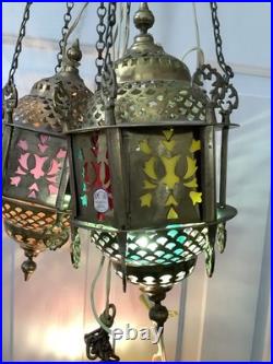 3 Vtg Ismet Shop Turkish Hanging Lamp Lantern Light Brass Slag Glass Colorful