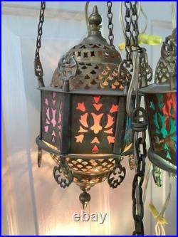 3 Vtg Ismet Shop Turkish Hanging Lamp Lantern Light Brass Slag Glass Colorful