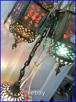 3 Vtg Ismet Shop Turkish Hanging Lamp Lantern Light Brass Slag Glass Colorful