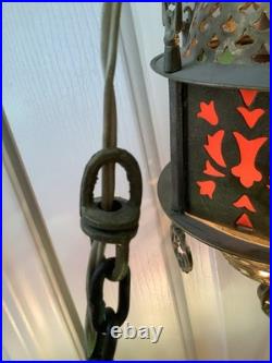 3 Vtg Ismet Shop Turkish Hanging Lamp Lantern Light Brass Slag Glass Colorful