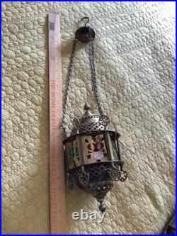 3 Vtg Ismet Shop Turkish Hanging Lamp Lantern Light Brass Slag Glass Colorful