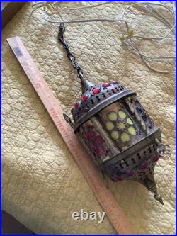 3 Vtg Ismet Shop Turkish Hanging Lamp Lantern Light Brass Slag Glass Colorful