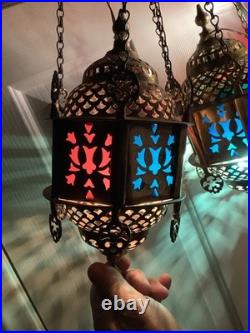 3 Vtg Ismet Shop Turkish Hanging Lamp Lantern Light Brass Slag Glass Colorful