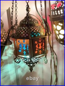 3 Vtg Ismet Shop Turkish Hanging Lamp Lantern Light Brass Slag Glass Colorful