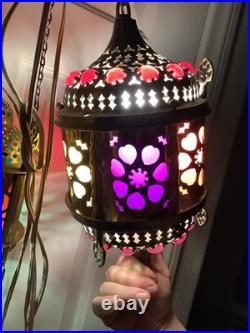 3 Vtg Ismet Shop Turkish Hanging Lamp Lantern Light Brass Slag Glass Colorful