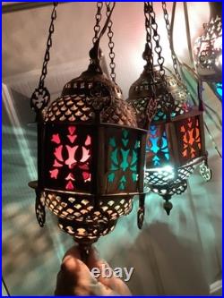 3 Vtg Ismet Shop Turkish Hanging Lamp Lantern Light Brass Slag Glass Colorful