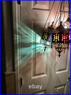 3 Vtg Ismet Shop Turkish Hanging Lamp Lantern Light Brass Slag Glass Colorful