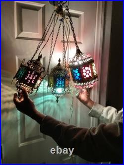 3 Vtg Ismet Shop Turkish Hanging Lamp Lantern Light Brass Slag Glass Colorful