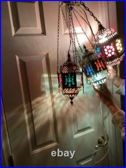3 Vtg Ismet Shop Turkish Hanging Lamp Lantern Light Brass Slag Glass Colorful
