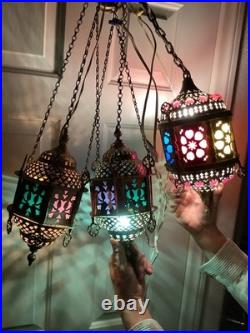 3 Vtg Ismet Shop Turkish Hanging Lamp Lantern Light Brass Slag Glass Colorful