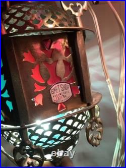 3 Vtg Ismet Shop Turkish Hanging Lamp Lantern Light Brass Slag Glass Colorful