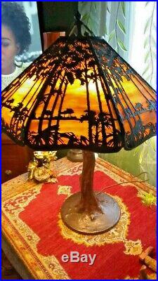 3 x signed Handel Sunset overlay slag lamp Tiffany arts crafts leaded era