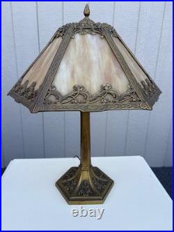67451 Victorian Slag Glass Table Lamp with Ornate Brass Base