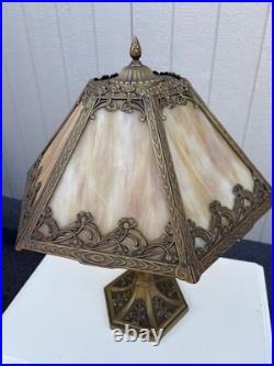 67451 Victorian Slag Glass Table Lamp with Ornate Brass Base