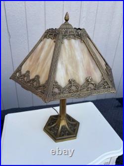 67451 Victorian Slag Glass Table Lamp with Ornate Brass Base