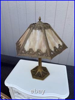 67451 Victorian Slag Glass Table Lamp with Ornate Brass Base