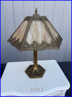 67451 Victorian Slag Glass Table Lamp with Ornate Brass Base