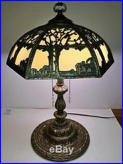 Antique 12 Panel Carmel Slag Glass & Bronze Filigree Table Lamp Early 20th C