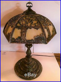 Antique 12 Panel Carmel Slag Glass & Bronze Filigree Table Lamp Early 20th C