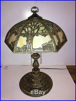 Antique 12 Panel Carmel Slag Glass & Bronze Filigree Table Lamp Early 20th C