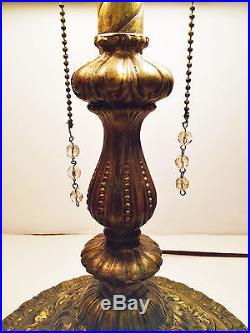 Antique 12 Panel Carmel Slag Glass & Bronze Filigree Table Lamp Early 20th C