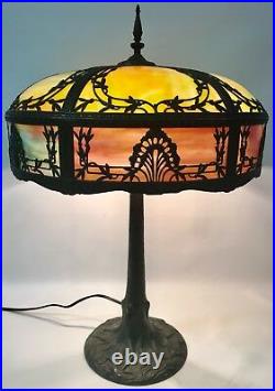 ANTIQUE 1903 CHICAGO LAMP Co TREE TRUNK BASE with CURVED SLAG GLASS SHADE FILIGREE