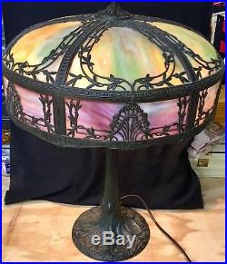 ANTIQUE 1903 CHICAGO LAMP Co TREE TRUNK BASE with CURVED SLAG GLASS SHADE FILIGREE