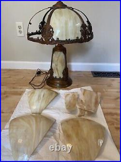 ANTIQUE 1910's Slag Glass Panel Table Lamp with Lighted Base & Lamp Shade