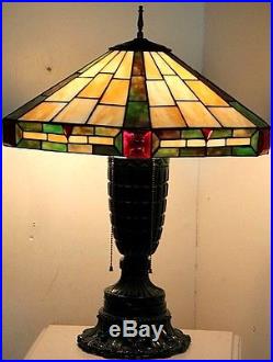 Antique 1920's Arts & Crafts Stained & Slag Glass XL Lamp. Handel, Tiffany Era